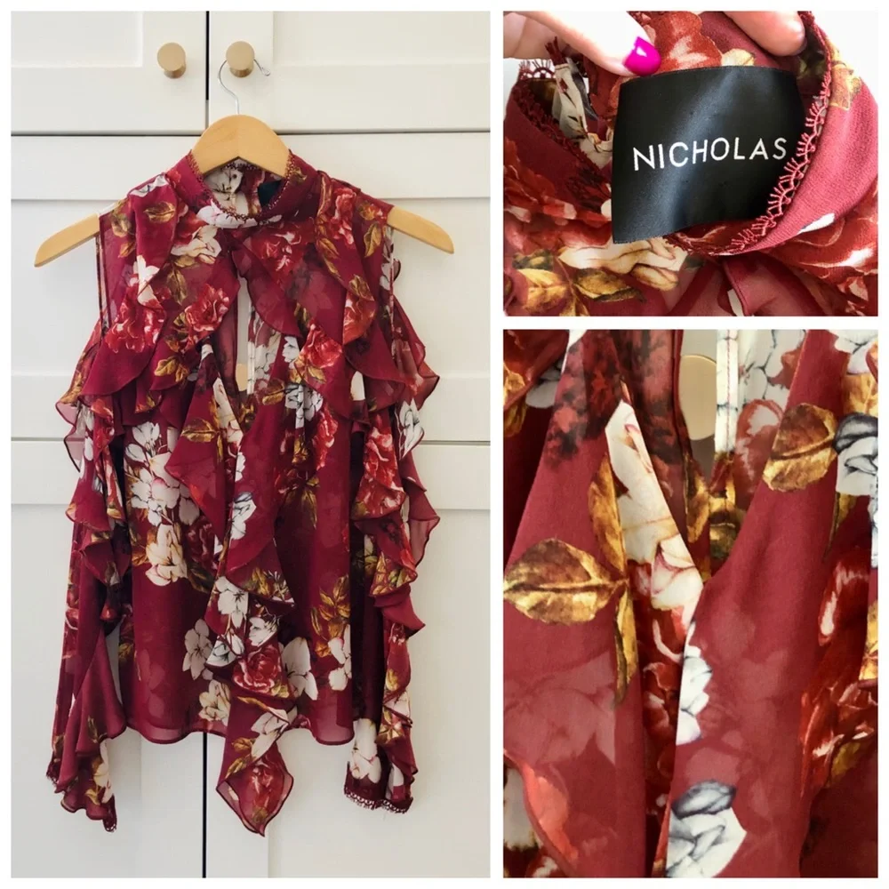 NICHOLAS Celeste Cold Shoulder Silk Blouse Top, Ruffle Floral sz. 2 - Picture 12 of 17